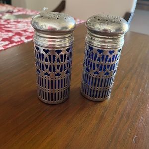 Antique 1960s Godinger Salt & Pepper Shakers Glass Cobalt blue with Silver.
